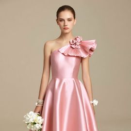 Pink Satin One - Shoulder Dress with Pleated Ruffle Detail for Weddings/Events