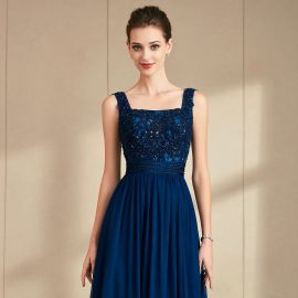 Elegant Navy Blue Beaded Evening Gown with Square Neck & Flowy Chiffon Skirt