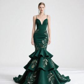 Emerald Green Mermaid Gown: Spaghetti Straps, Deep V-Neck & Ruffled Skirt with Leaf Embroidery