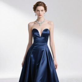 Navy Blue Strapless Satin Evening Dress - Elegant A-Line Gown for Formal Events