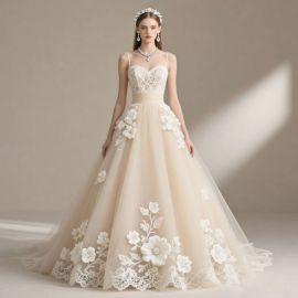 Elegant Spaghetti Strap Wedding Dress: Lace Bodice, 3D Floral Appliqués, Tulle Skirt with Train
