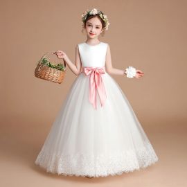 White Tulle Flower Girl Dress with Pink Bow & Lace Hem - Wedding Party Gown