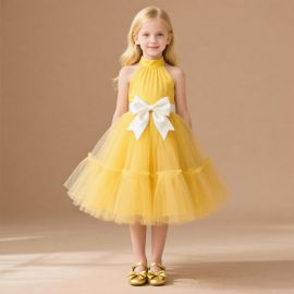 Yellow Tulle Flower Girl Dress w/ Big White Bow - Kids Party Gown