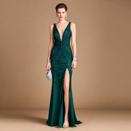 Emerald Green Sequined Evening Gown - Deep V-Neck & High Slit Formal Dress