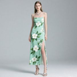 Mint Green Floral Print Spaghetti Strap Maxi Dress with High Slit