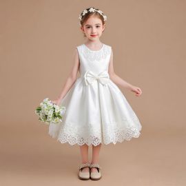 Elegant White Lace Flower Girl Dress with Big Bow - Wedding Party Formal Gown