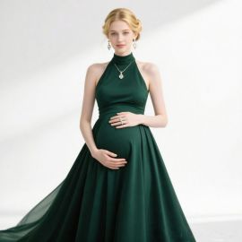 Elegant Emerald Green Maternity High Neck Halter Long Gown for Formal & Photoshoots