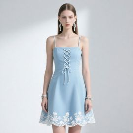 Light Blue Lace - Up Spaghetti Strap Dress with White Floral Embroidered Hem