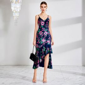Navy Blue Floral Print Spaghetti Strap Asymmetric Midi Dress