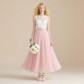 Elegant White Lace Top & Pink Tulle Midi Dress with Belt - Bridesmaid/Prom Wear
