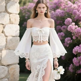 Elegant Off - Shoulder Lace Crop Top & High Slit Skirt Set - Romantic Summer Chic