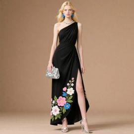 Elegant Black One - Shoulder Gown with Floral Embroidery & High Slit Dress