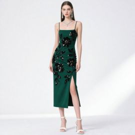 Emerald Green Spaghetti Strap Sequin Floral Embroidery Slit Midi Dress