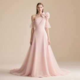 Chic Pink One - Shoulder Gown with Oversized Bow & Tulle Train for Weddings/Galas