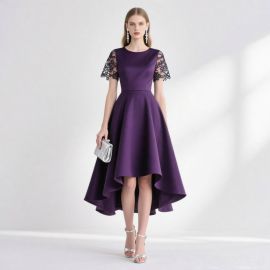 Purple High-Low Hem Lace Sleeve Evening Dress - Elegant Prom Gown