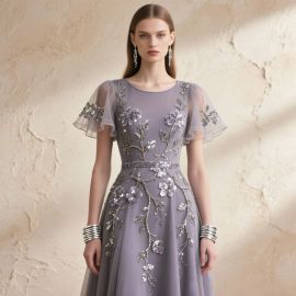 Elegant Purple Floral Sequin Embroidered Evening Dress