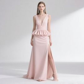 Elegant Pink Deep V-Neck Peplum Maxi Dress with High Slit - Chic Evening Gown