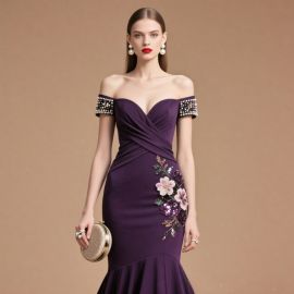 Purple Off - Shoulder Mermaid Gown with Beaded Sleeves & Floral Embroidery
