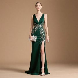 Emerald Green Sequined Evening Gown with High Slit - Glamorous Prom Dress