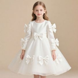 Elegant White Girls Dress with Big Bows & Pearl Accents - Princess Party Gown