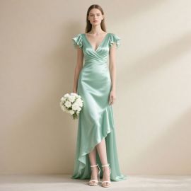 Elegant Mint Green Satin Long Dress: Ruffled Sleeves & Asymmetric Hem Design