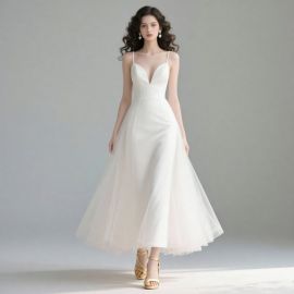Elegant White Spaghetti Strap Deep V-Neck Midi Dress - Chic Bridal Evening Gown