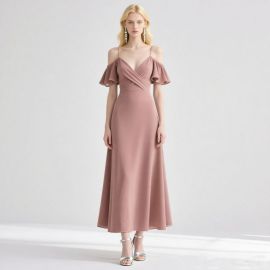 Elegant Off - Shoulder Flowy Midi Dress in Dusty Pink