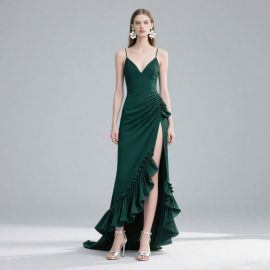 Elegant Emerald Green Spaghetti Strap Gown with High Slit & Ruffled Hem