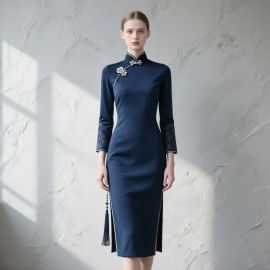 Navy Blue Chinese Qipao Dress: High Collar, Embroidered Sleeves & Side Slit - Elegant Vintage Style