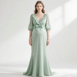 Sage Green Maternity Gown: Elegant Ruffled V-Neck Long Dress with Bow Detail