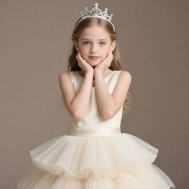 Elegant Kids Princess Dress: White Tulle Skirt with Sparkling Crown - Party/Wedding Wear
