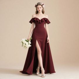 Burgundy Off-Shoulder Ruffled High-Slit Evening Gown | Elegant Formal Dress