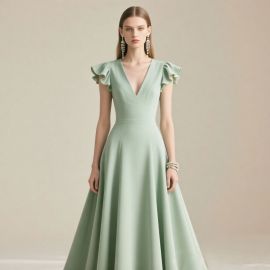 Elegant Mint Green Floor - Length Gown with Ruffled Sleeves and Deep V - Neck