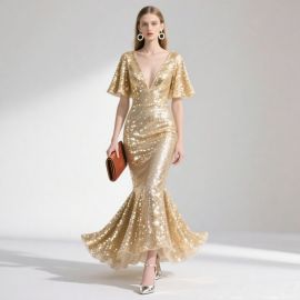 Gold Sequin Mermaid Gown - Deep V Neck Short Sleeve Evening Party Dress