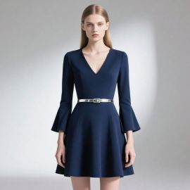 Navy Blue V-Neck Bell Sleeve Flared Dress - Elegant Women's Fashion