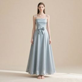 Light Blue Spaghetti Strap Bow Detail Elegant Maxi Evening Dress