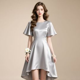 Elegant Silver Satin High - Low Hem Dress with Flare Sleeves