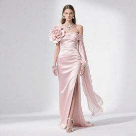 Elegant Pink Off-Shoulder Satin Gown with Floral Detail & High Slit - Formal Evening Dress
