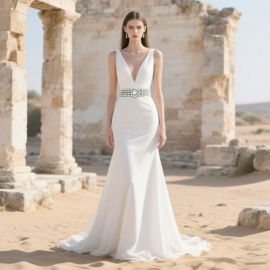 Elegant White V-Neck Sleeveless Wedding Dress with Crystal Belt - Timeless Bridal Gown