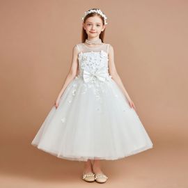 White Flower Girl Dress: Embroidered Floral Design, Big Bow, Tulle Skirt for Weddings & Parties