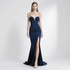 Elegant Navy Blue Mermaid Evening Dress with Pearl Embellishment & High Slit