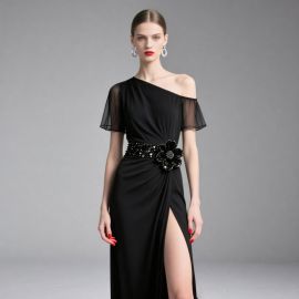 Elegant Black One - Shoulder Gown with High Slit & Embellished Belt