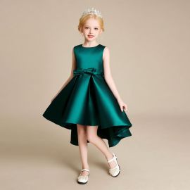Girls Emerald Green Satin High-Low Dress with Bow - Flower Girl & Party Wear