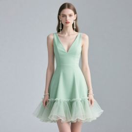 Mint Green V-Neck Sleeveless Dress with Ruffled Tulle Hem - Summer Party Chic