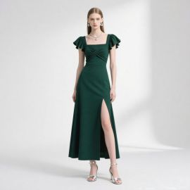 Emerald Green Square Neck Ruffled Sleeve Cross Front High Slit Maxi Dress