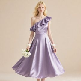 Elegant Lavender Purple One - Shoulder Ruffled Satin Midi Dress
