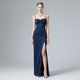 Elegant Navy Blue Spaghetti Strap High Slit Evening Gown for Formal Occasions