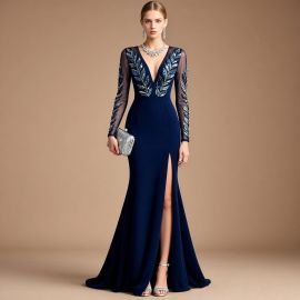 Navy Blue Long Sleeve Evening Gown with Sequin Embroidery & High Slit - Elegant Formal Dress
