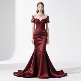 Elegant Burgundy Off - Shoulder Lace Mermaid Evening Gown with Train