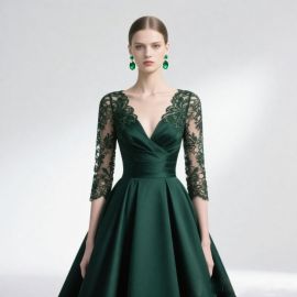 Emerald Green V-Neck Lace Sleeves Ball Gown Evening Dress